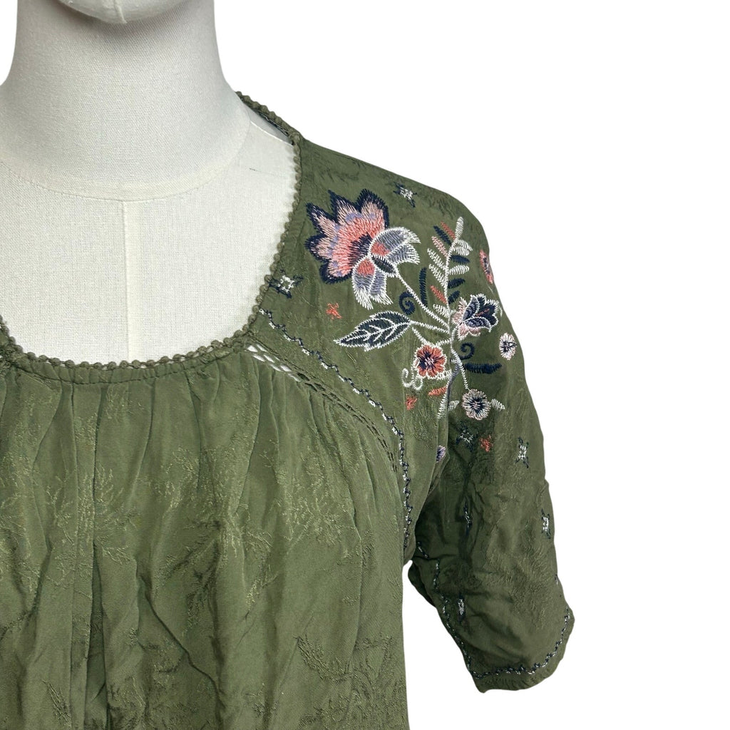 Knox Rose Blouse Small Green Rayon Embroidered Boho Peasant Indie Retro Cottage
