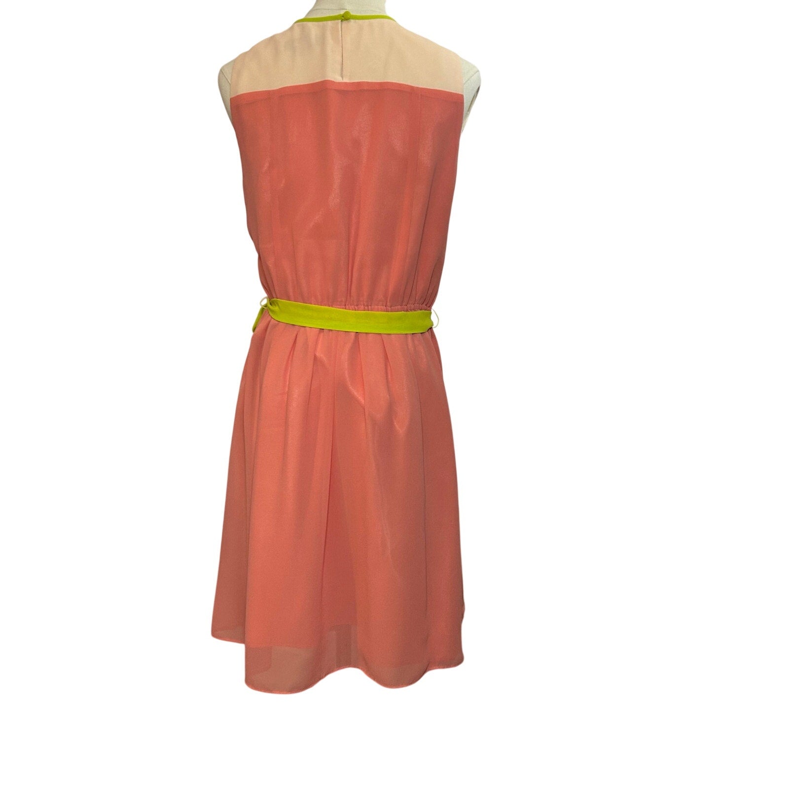 LOFT Colorblock Pleated Midi Dress Pink Coral Neon Green Belt 6 Preppy Retro