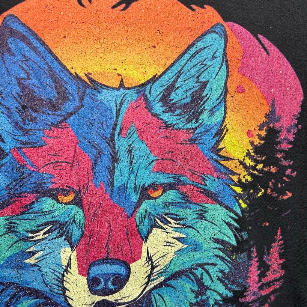 Black Colorful Wolf Graphic Raw Hem M Cropped Top T-Shirt Grunge Streetwear Y2K