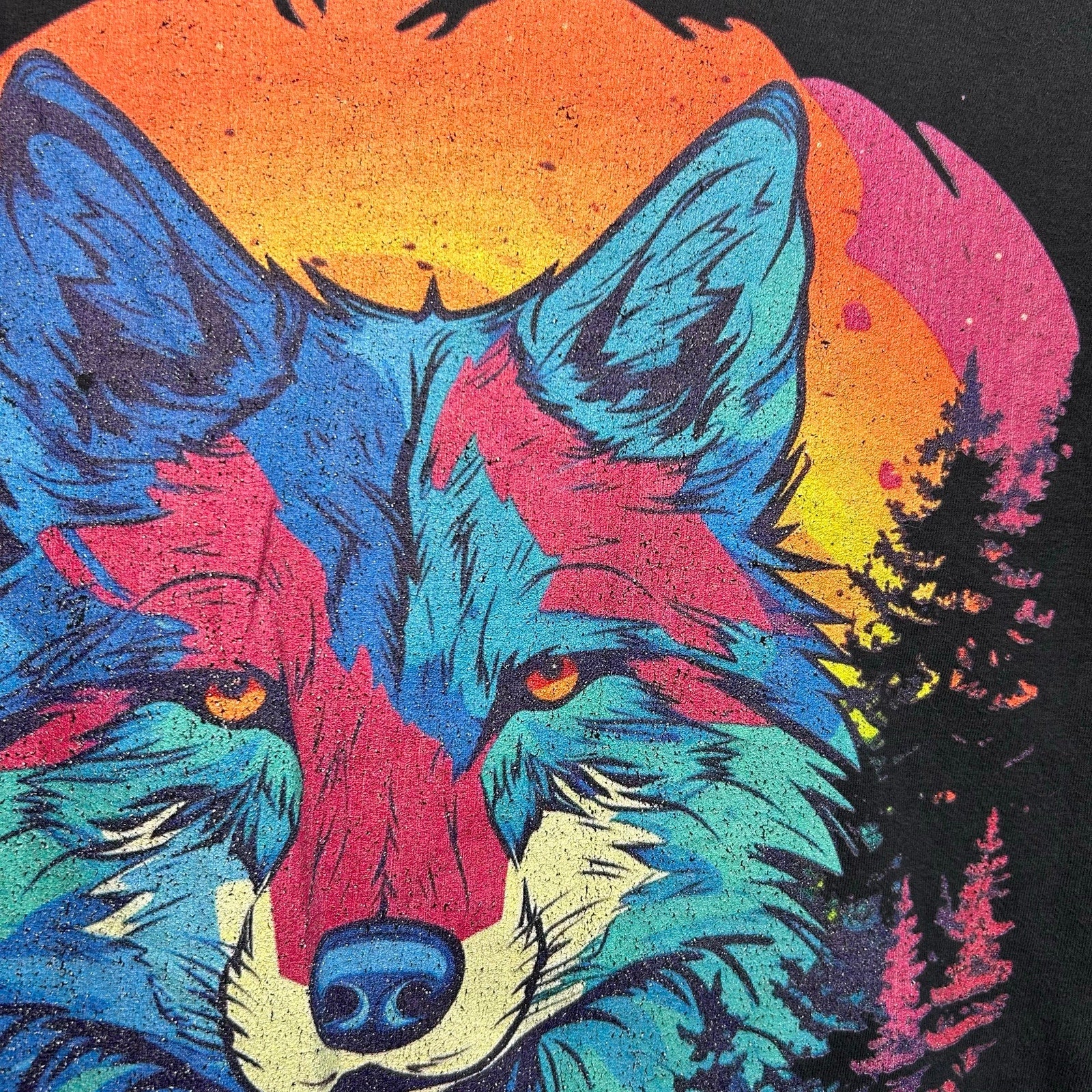 Black Colorful Wolf Graphic Raw Hem M Cropped Top T-Shirt Grunge Streetwear Y2K