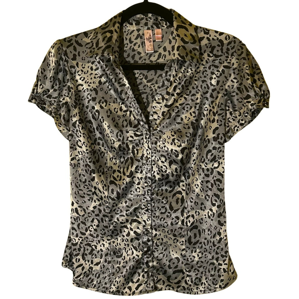 VTG FANG Cheetah Animal Print Satin Blouse Puff Sleeve Mob Wife Office Siren M