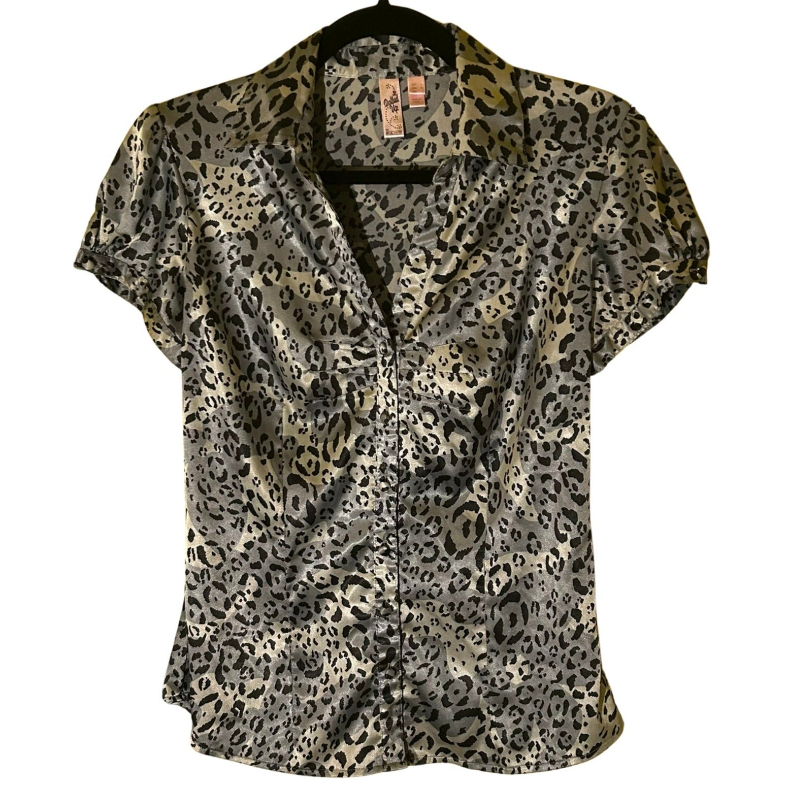 VTG FANG Cheetah Animal Print Satin Blouse Puff Sleeve Mob Wife Office Siren M