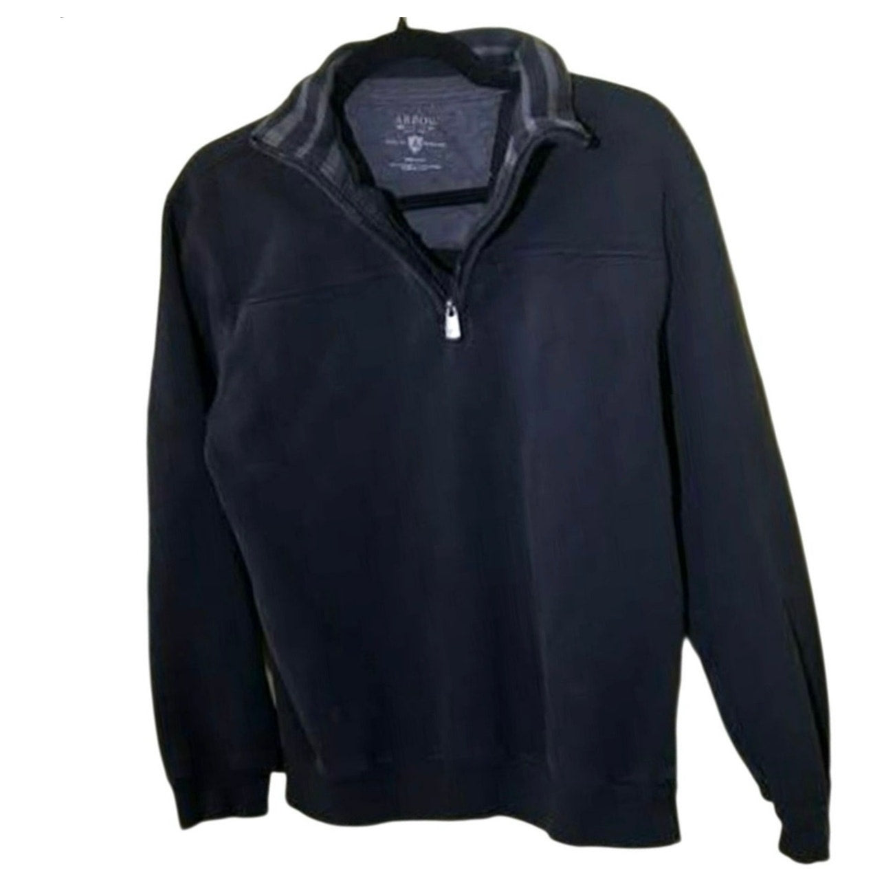 VTG Arrow Mens Quarter Zip Pullover Black Striped Collar Y2K Sweater Medium