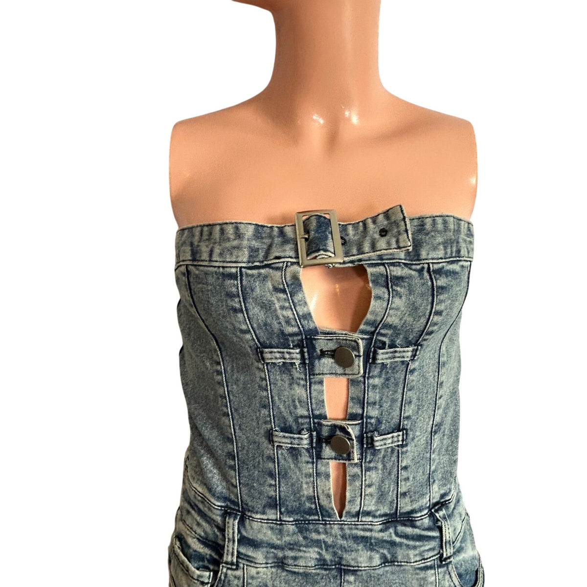 Impulsive M Blue Denim Sleeveless Strapless Utility Jumpsuit Romper Y2K Festival