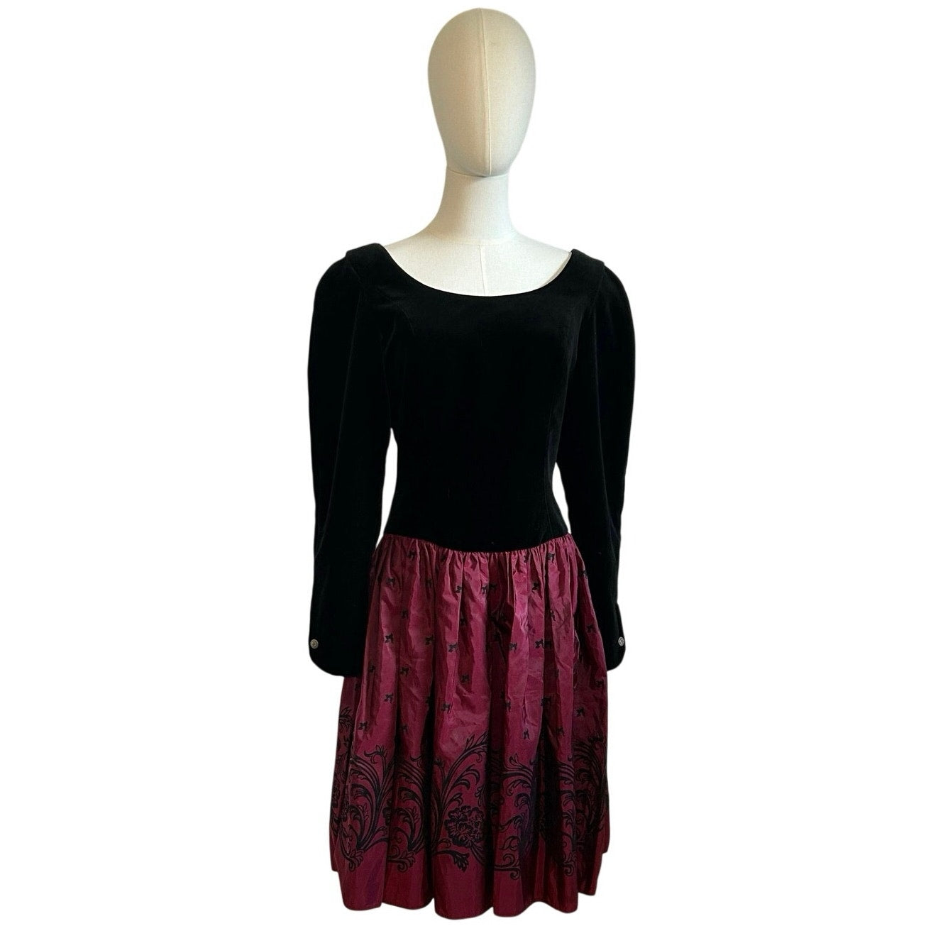 VTG 90s Laura Ashley Black Red Velvet 12 Midi Dress Long Sleeve Whimsigoth