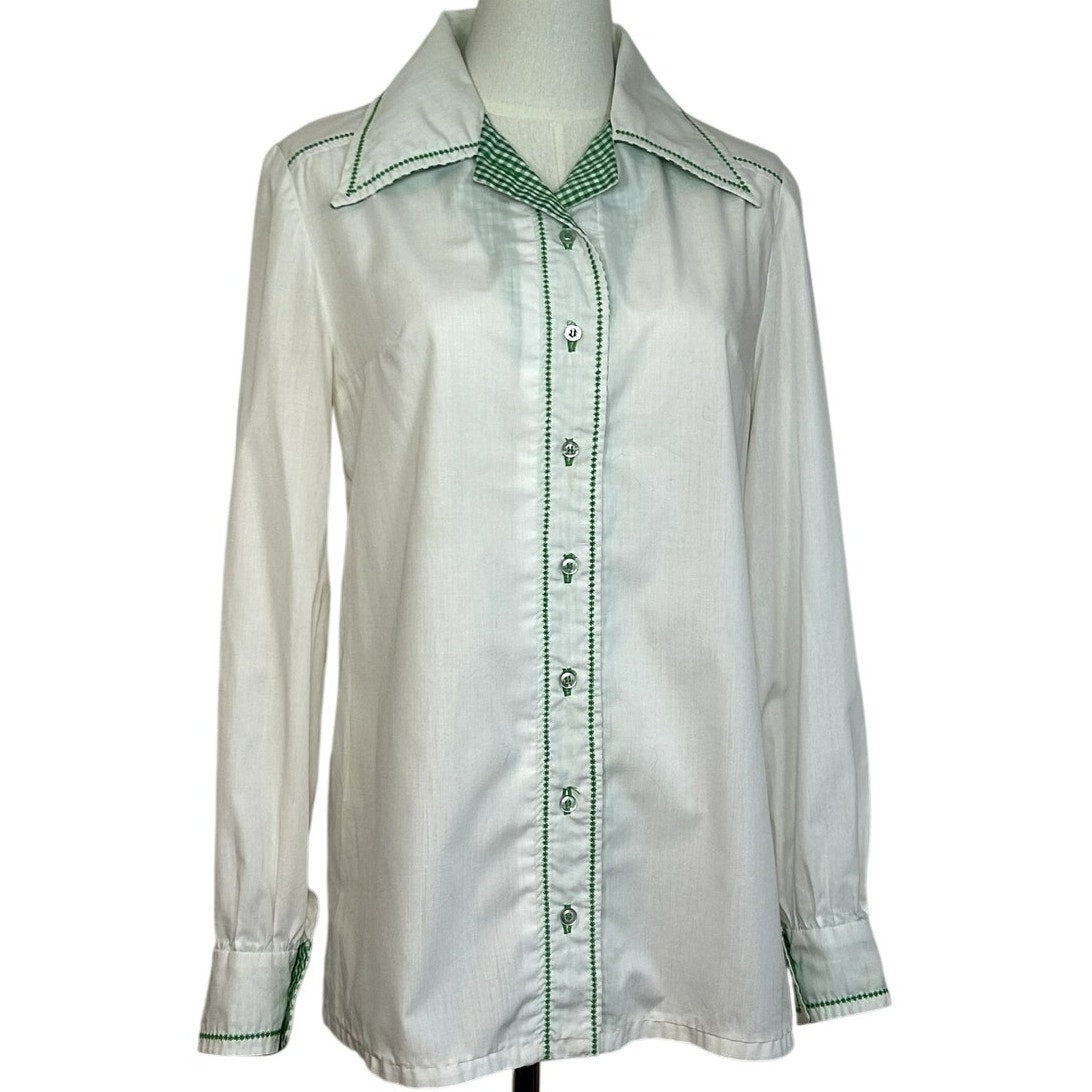 VTG 70s White Shamrock M Embroidery Gingham St. Patrick's Day Top Twee Retro