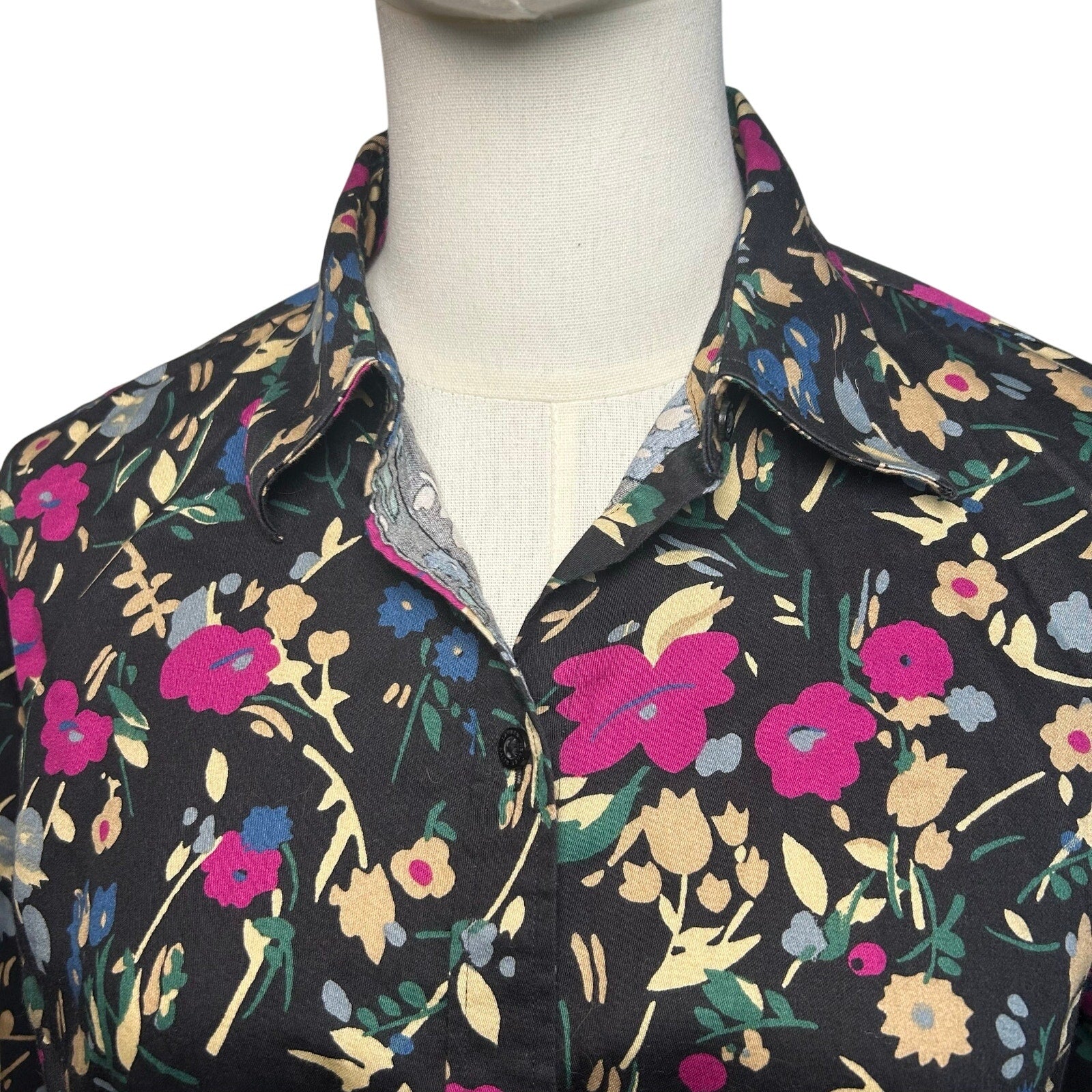 Lauren Ralph Lauren Floral Non-Iron Button Down Shirt Medium Black Pink Career