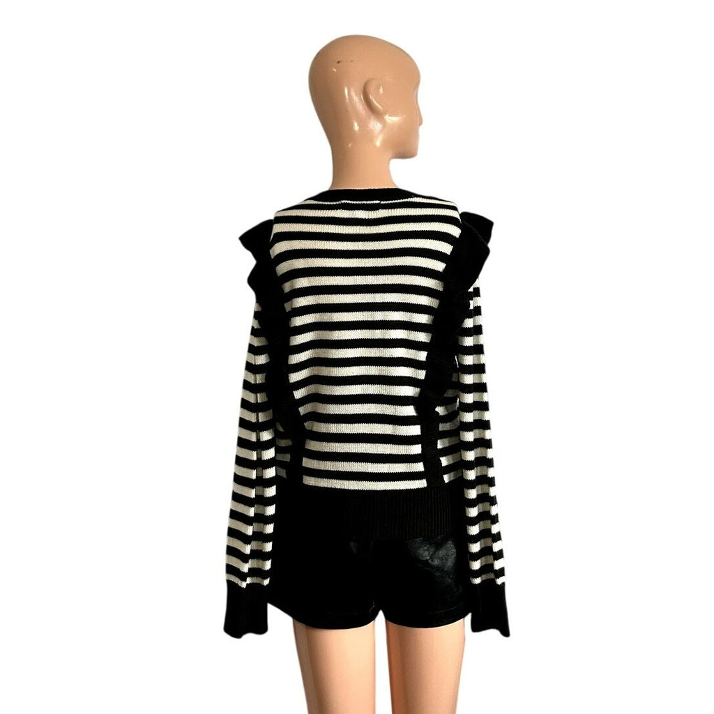 Jack by BB Dakota Black White Striped M Knit Sweater Preppy Ruffle Trim Coquette