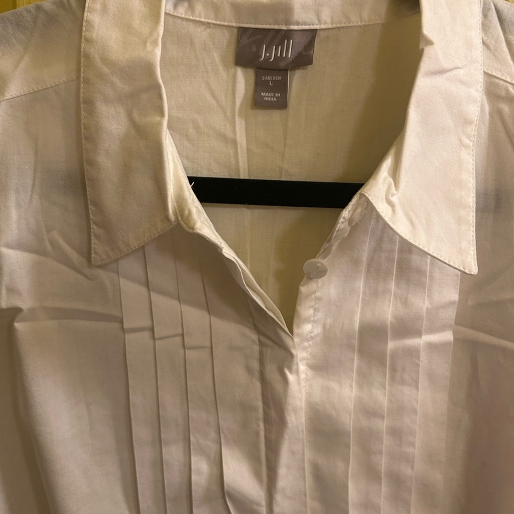 J Jill Pleated Front Stretch Cotton Button Down Shirt White Large Coastal Grandma
