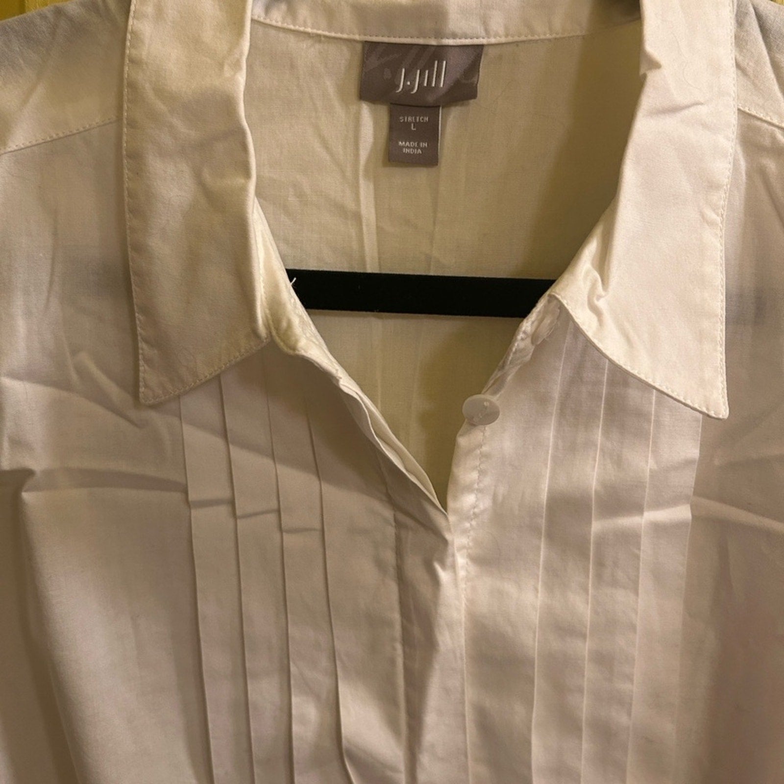 J Jill Pleated Front Stretch Cotton Button Down Shirt White Large Coastal Grandma