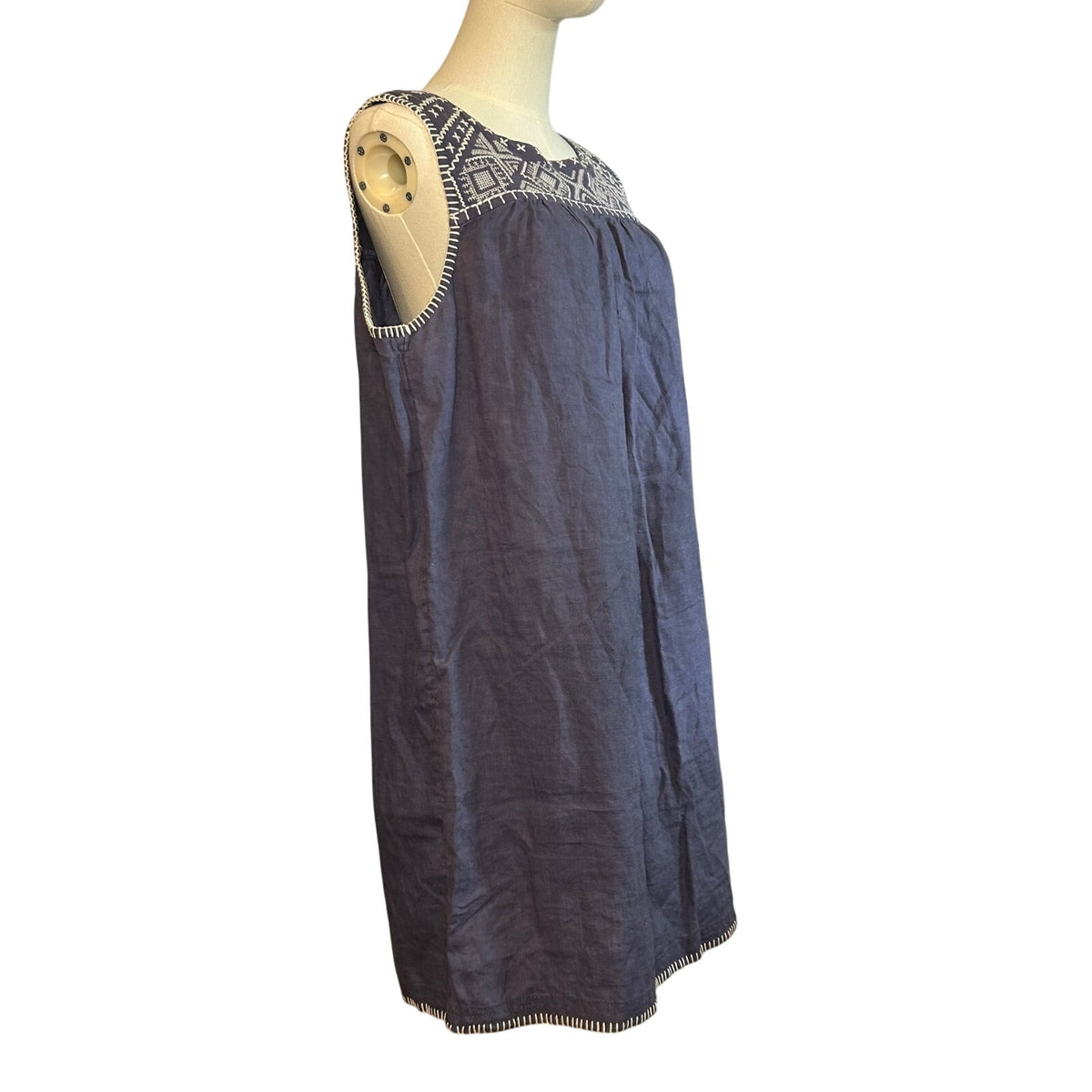 C&C California Blue White 100% Linen Dress Large Cottage Boho Minimalist Casual
