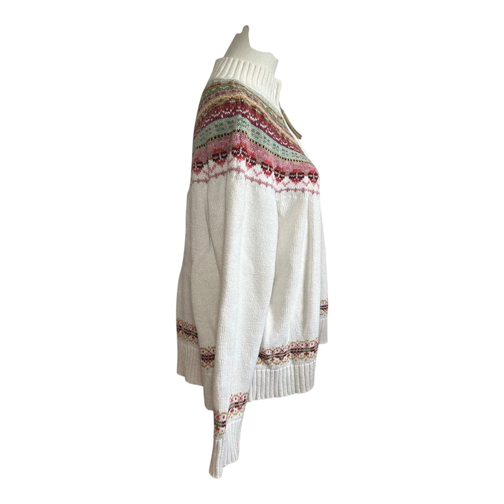 VTG Y2K Tiara International L White Fair Isle Cardigan Sweater Full Zip Grandma