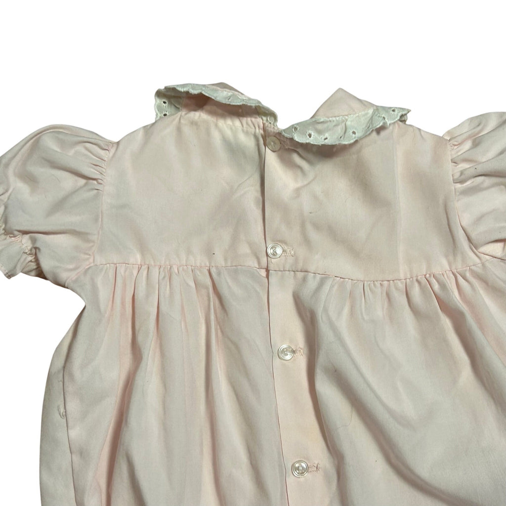 VTG 70s Baby Girl Pink Smocked Romper Teddy Bear Puff Sleeve Cottage Coquette