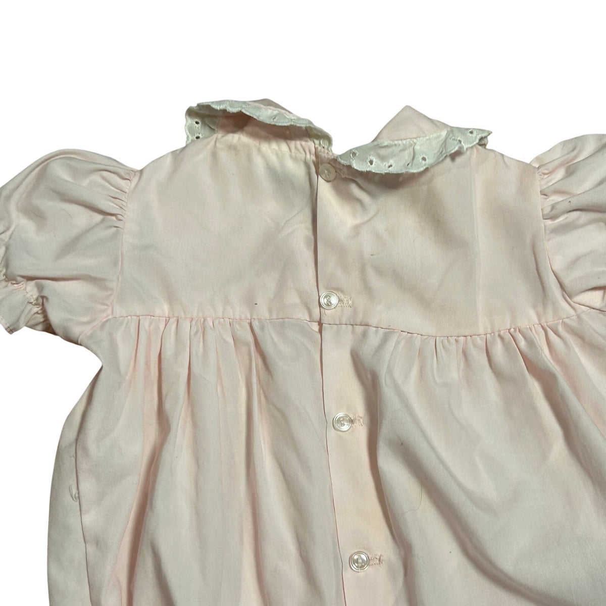 VTG 70s Baby Girl Pink Smocked Romper Teddy Bear Puff Sleeve Cottage Coquette