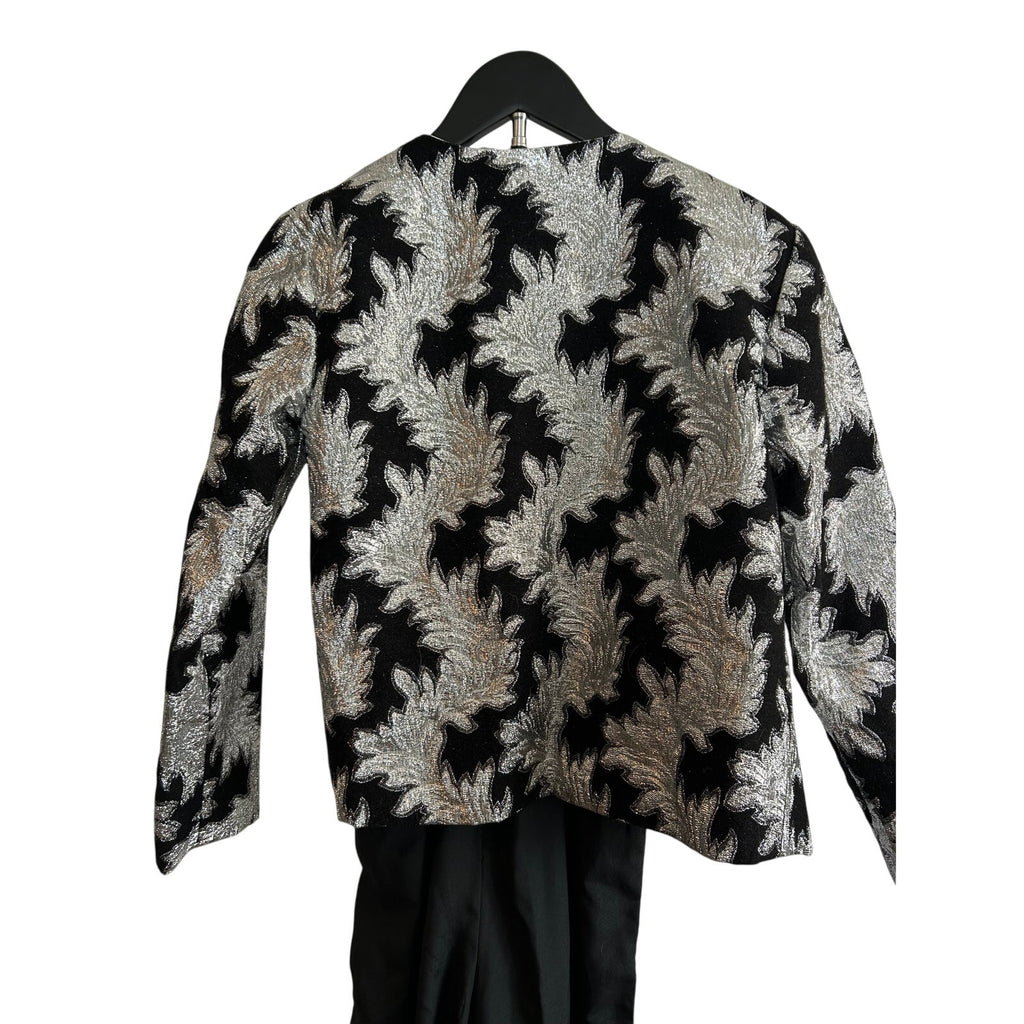 VTG Silver Black Metallic Leaf Brocade Jumpsuit and Matching Cropped Jacket Set