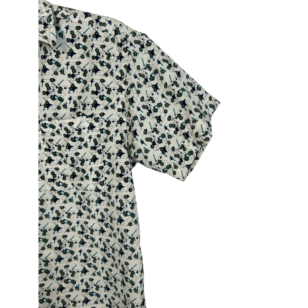 VTG Address Unknown White Teal Navy S Atomic Pattern Retro 90s Mod Poly Button