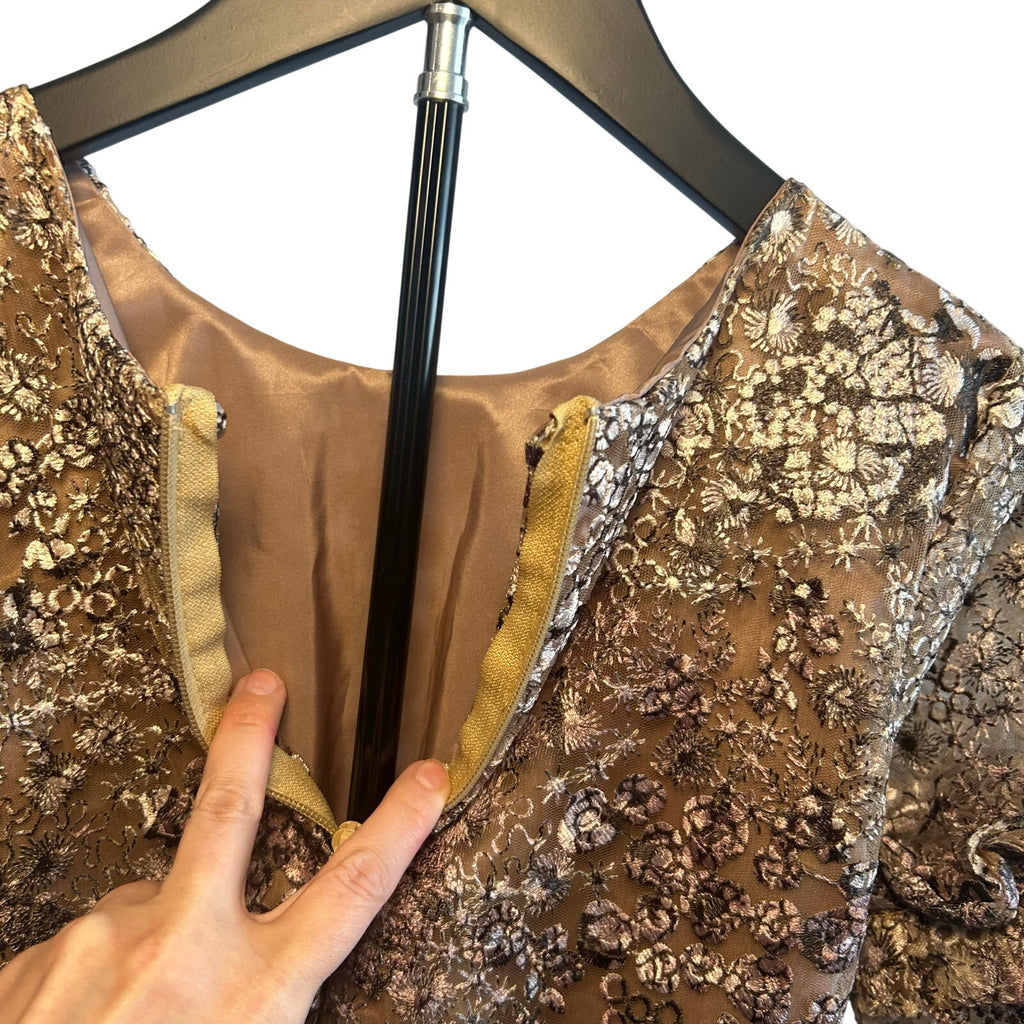 VTG 60s Metallic Floral Lace Dress Bell Sleeve Girls 12 14 or Women XXS Gold