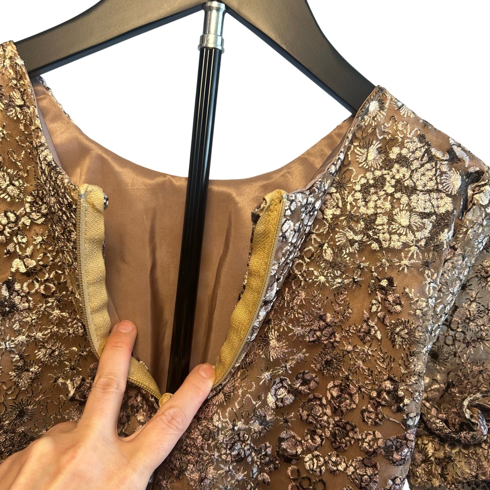 VTG 60s Metallic Floral Lace Dress Bell Sleeve Girls 12 14 or Women XXS Gold