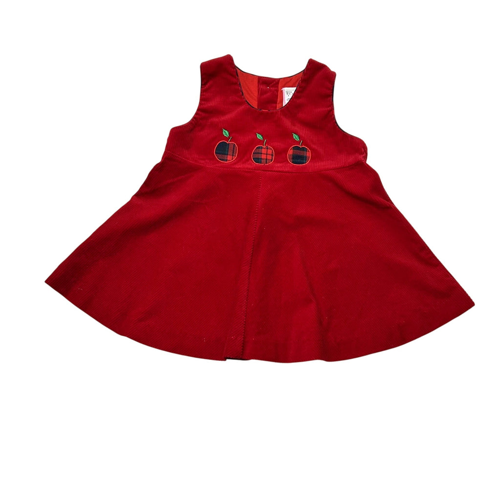VTG 90s 24M Red Corduroy Embroidered Apple Buffalo Plaid A-Line Pinafore Dress