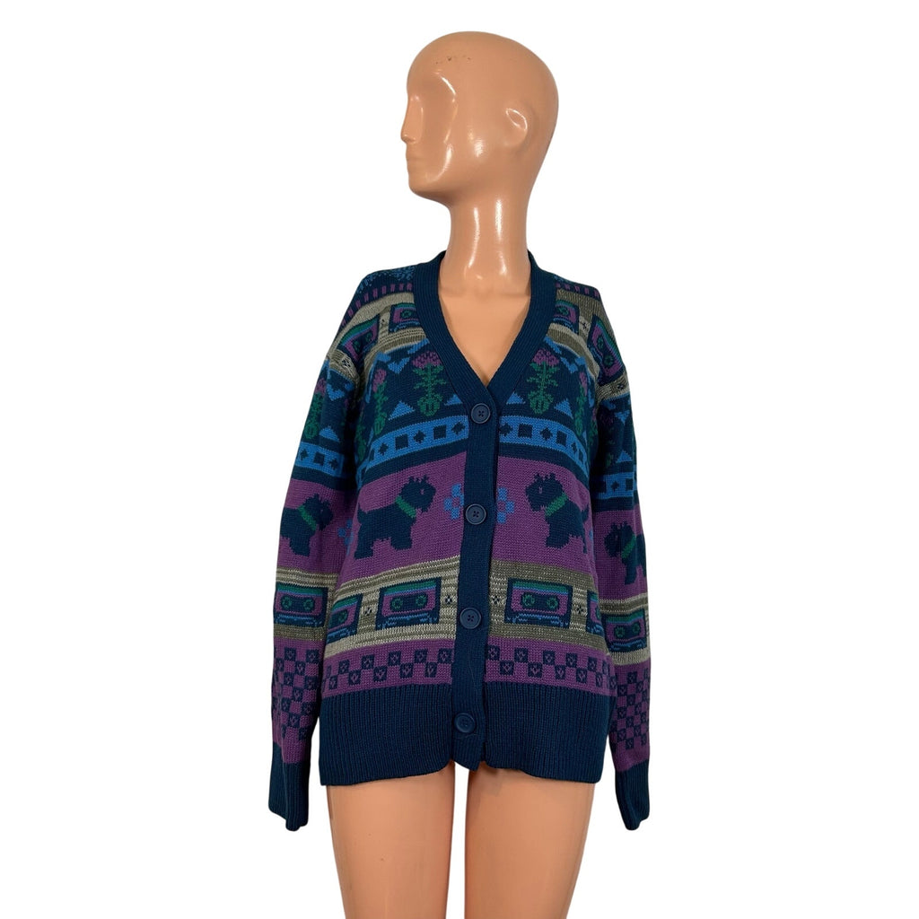 Netflix Stranger Things S Purple Blue Fair Isle Cassette V-Neck Knit Cardigan
