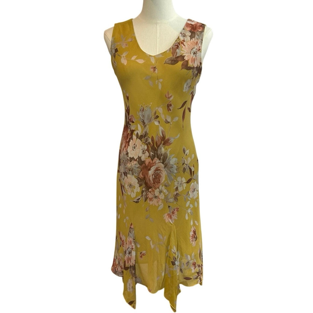 Lily Petite Small Floral Handkerchief Hem 90s Y2K Yellow Rayon Midi Dress P/S