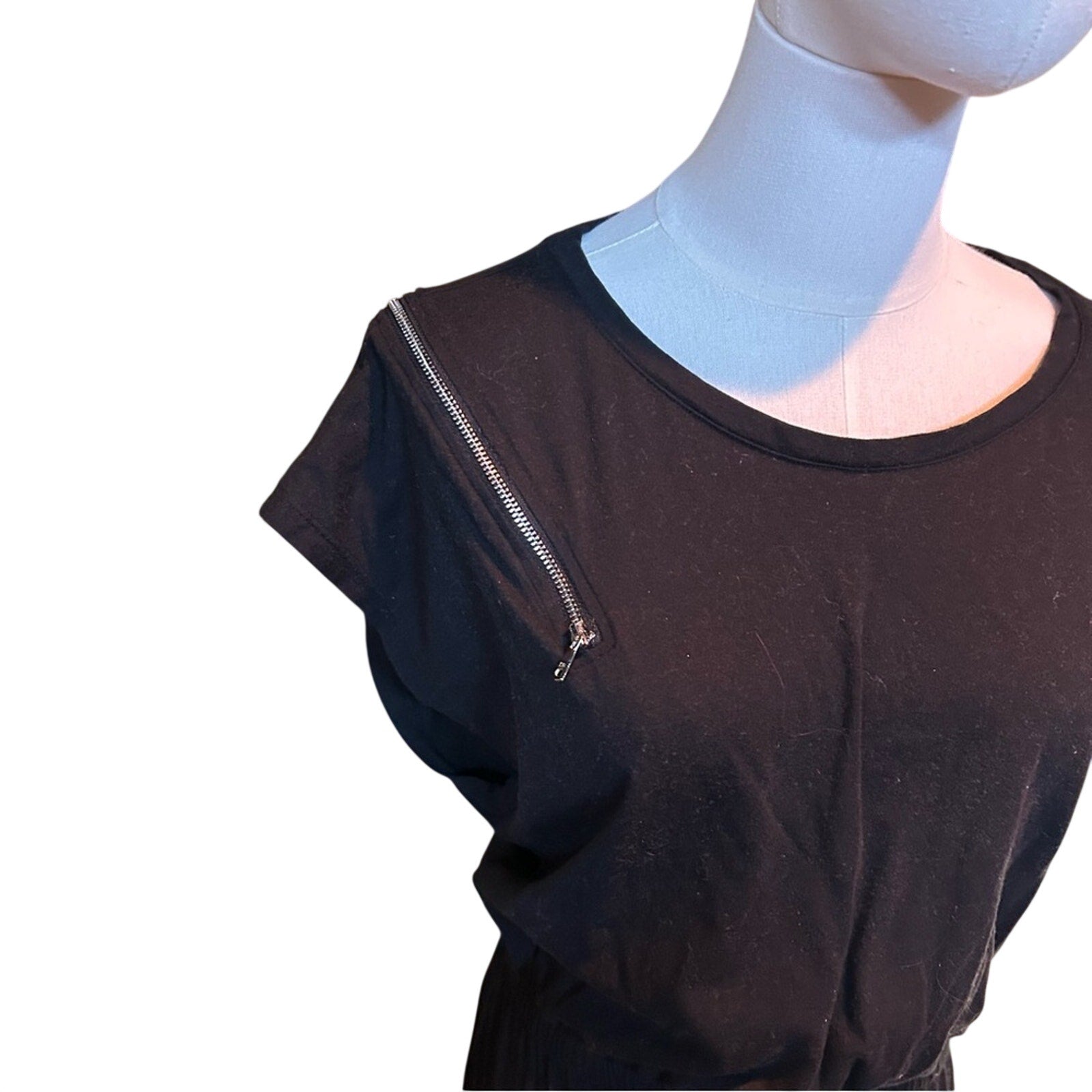 DKNY Black Mini Dress Zipper Shoulder Accents Elastic Waistband Edgy Punk XL
