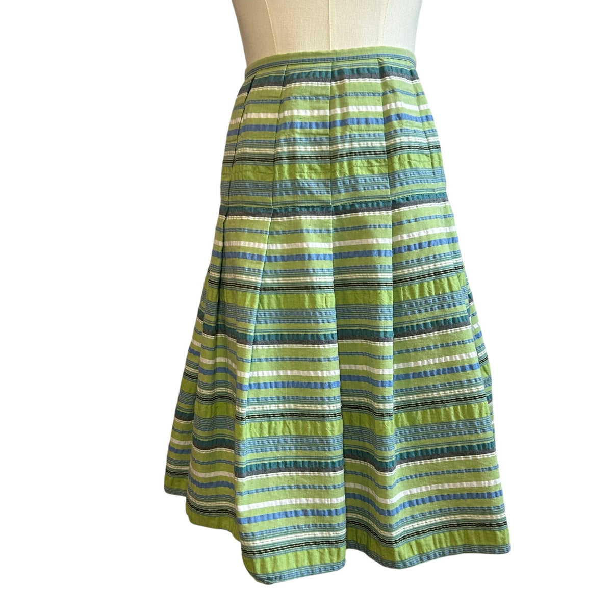VTG 90s Green Seersucker Cotton Blend Lined Midi Skirt 8 Preppy Retro Cottage
