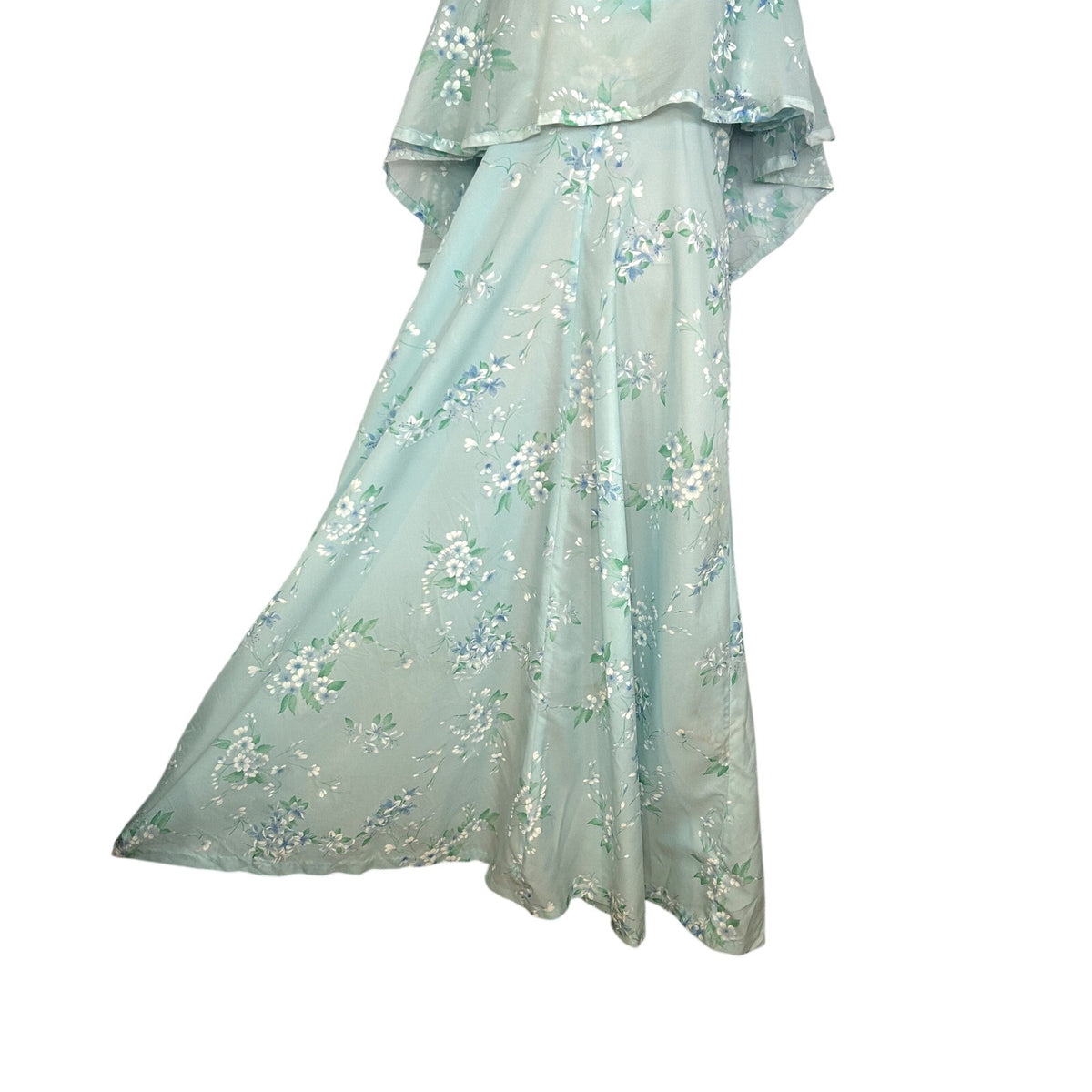 VTG 70s Handmade L Blue Floral Chiffon Capelet Maxi Dress Cottagecore Fairy Glam