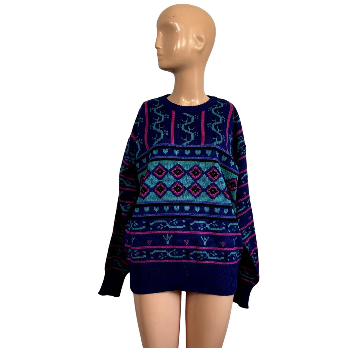 VTG 80s Meister M Purple Teal Maximalist Patterned Wool Knit Retro Cozy Sweater