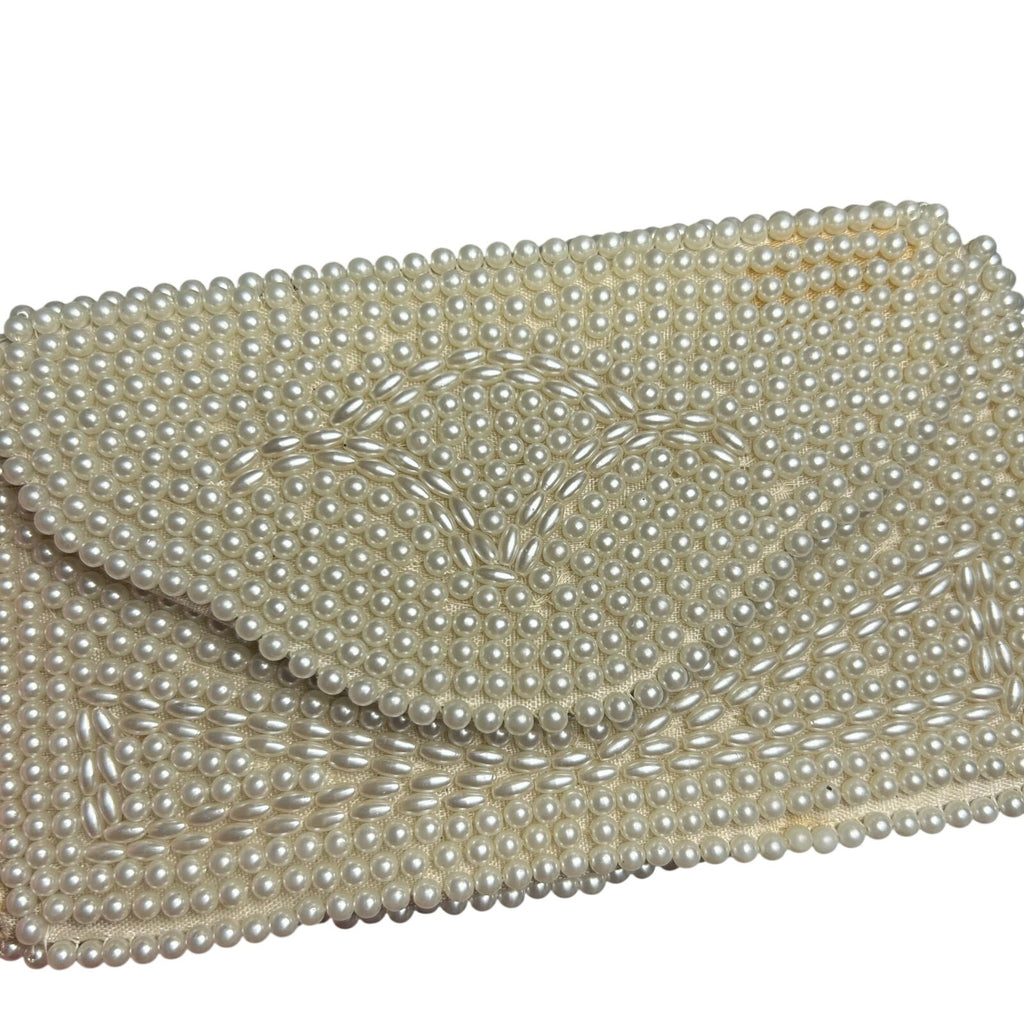 VTG 50s Pearl Beaded Clutch Japan White Evening Bag Glam Coquette Bridal Wedding