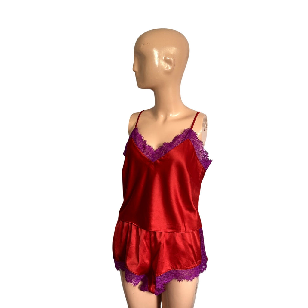 Savage X Fenty Red Purple Lace Camisole Shorts M Lingerie Set Romantic Feminine