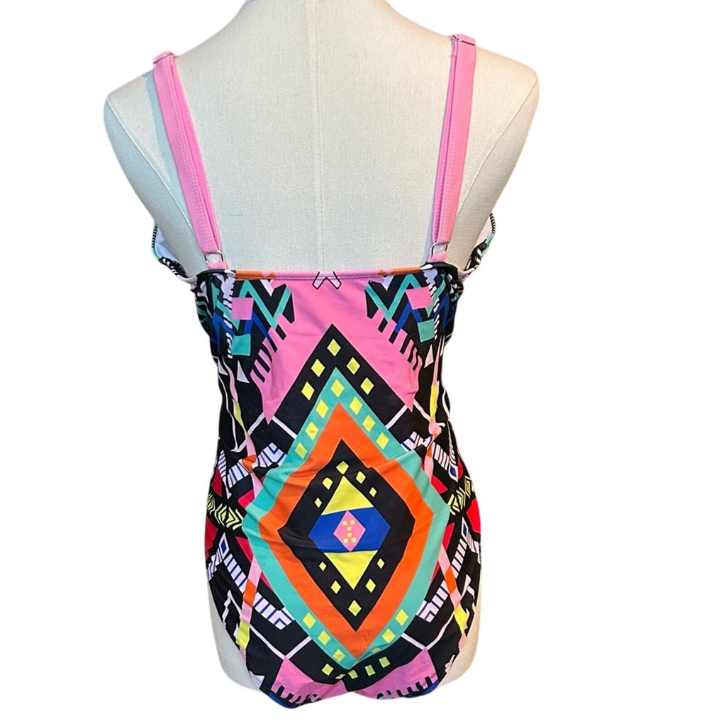 Xhilaration Geometric Multi-Color One Piece Swimsuit XL Pink Blue Retro Print