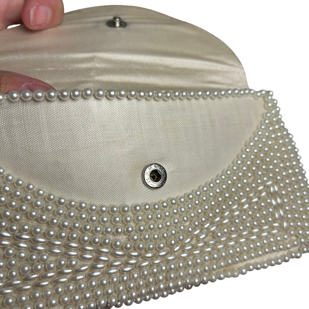 VTG 50s Pearl Beaded Clutch Japan White Evening Bag Glam Coquette Bridal Wedding
