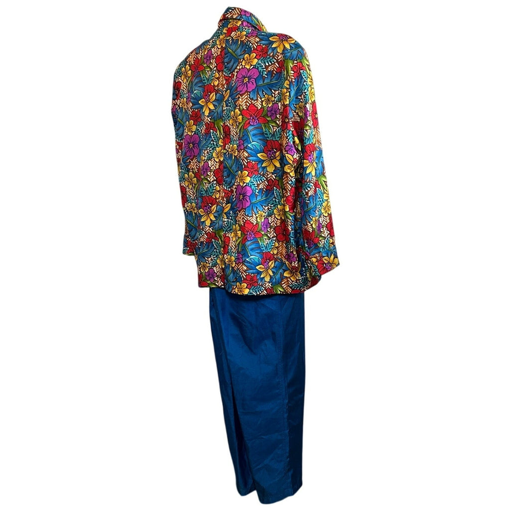 VTG 70s Bechamel 3pc Floral Set Whimsigoth Blue Tropical Jacket Shirt Pants Boho