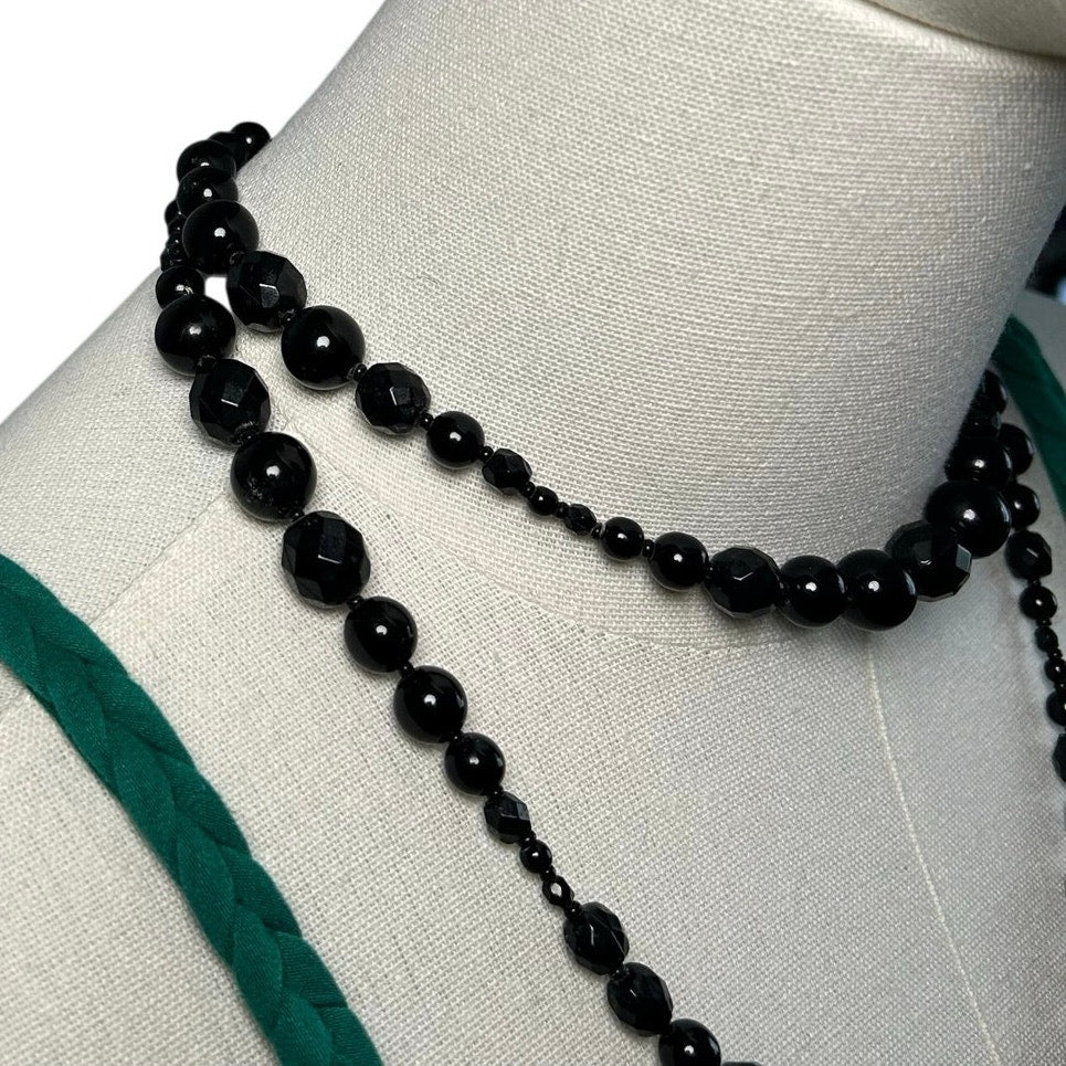 VTG Y2K Double Strand Black Bead Adjustable Choker Goth Office Siren Luxe Gatsby
