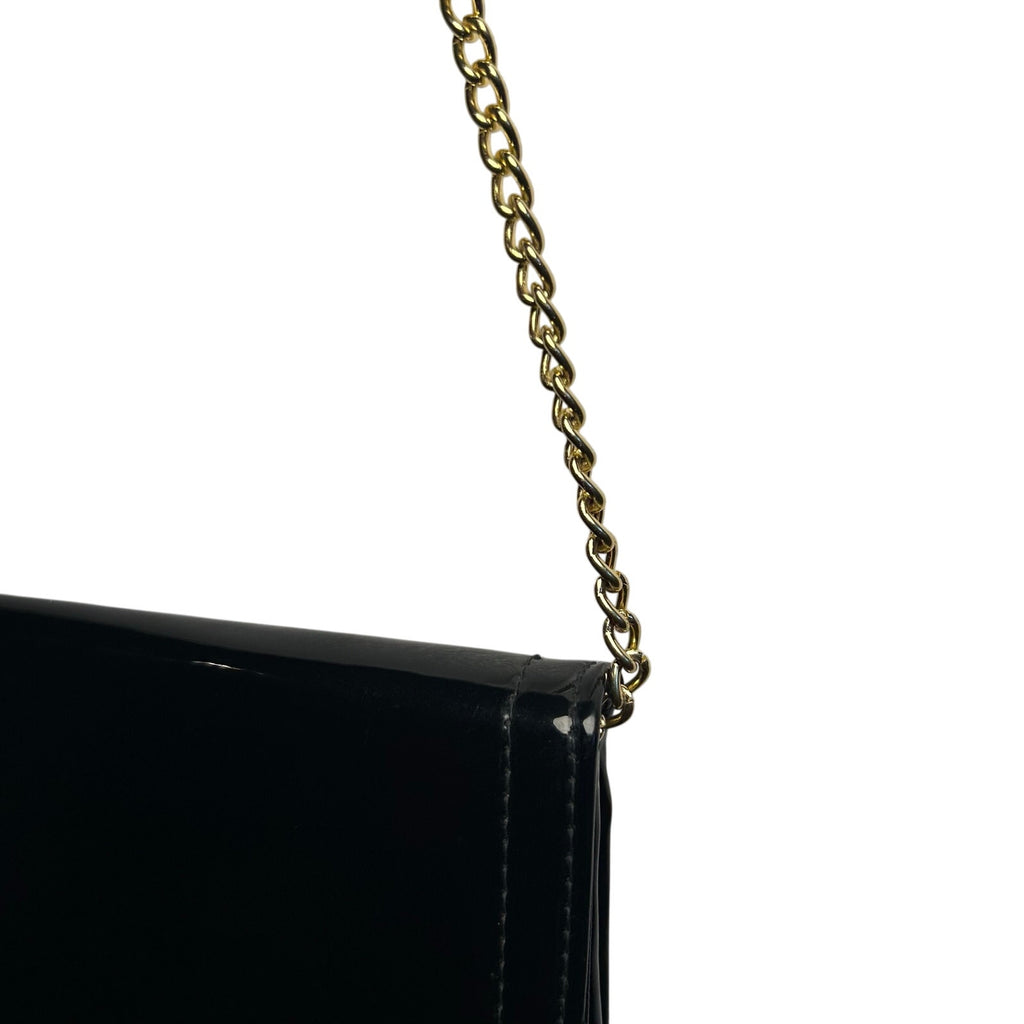 VTG 70s Patent Leather Black Gold Chain Convertible Clutch Shoulder Bag Purse