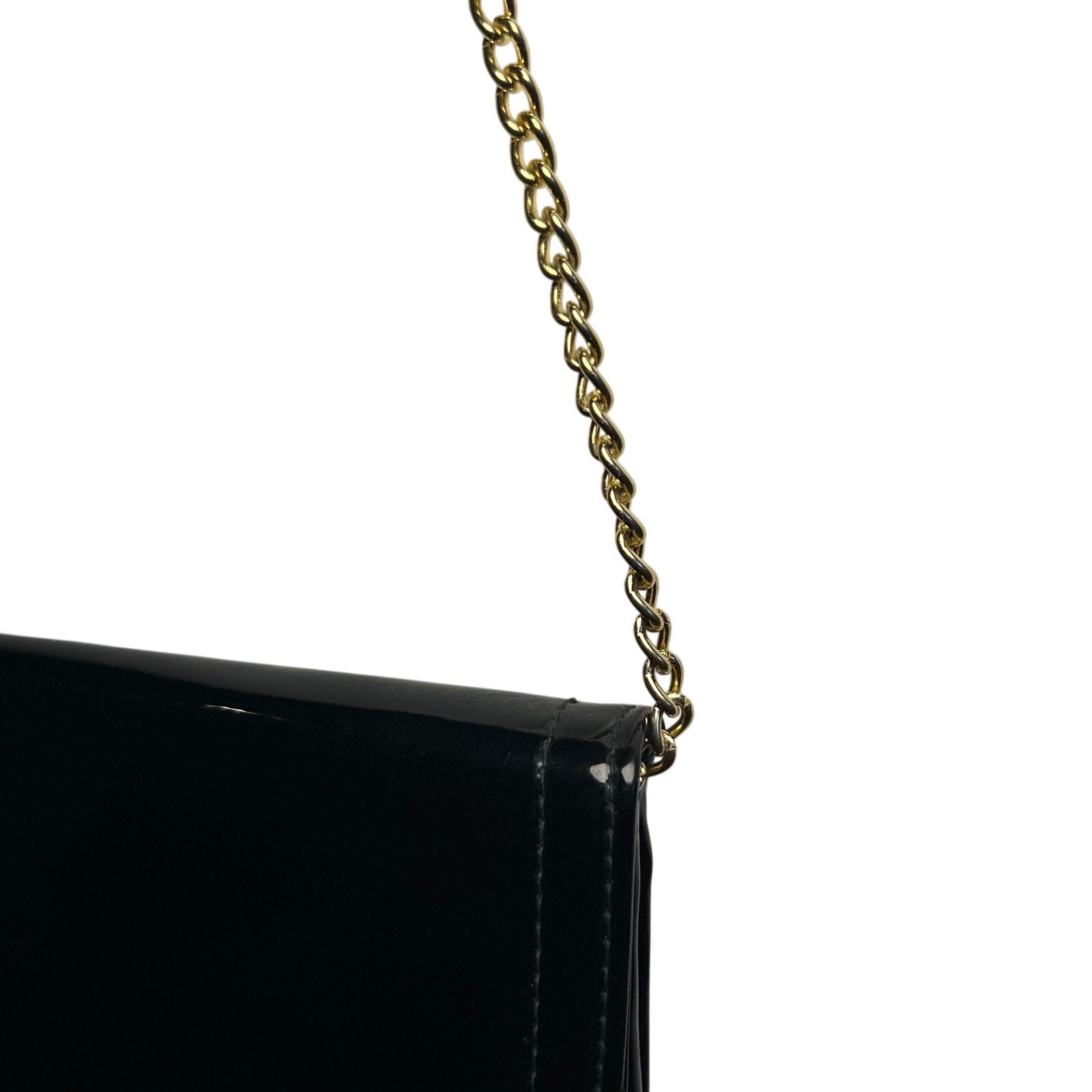 VTG 70s Patent Leather Black Gold Chain Convertible Clutch Shoulder Bag Purse