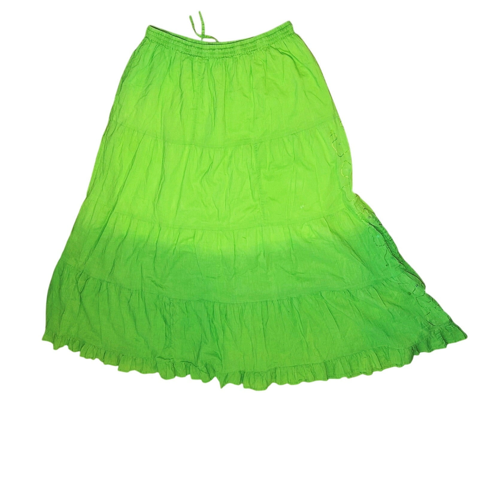 Green Ombre Broomstick L Maxi Skirt Sequin Embroidered Y2K Boho Fairy Grunge