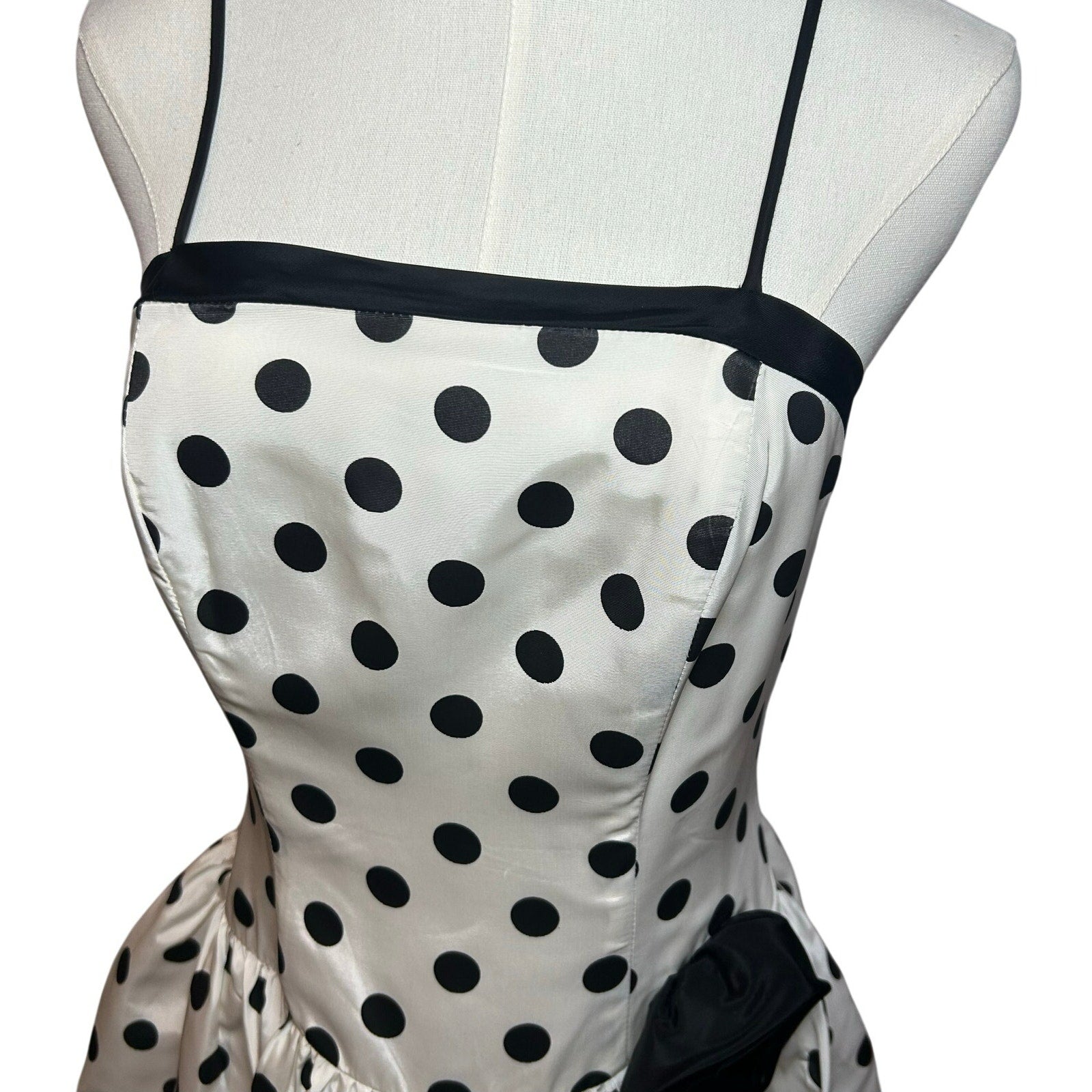 VTG 80s Stop Staring! Polka Dot B&W Medium Tiered Drop Waist Dress Rockabilly