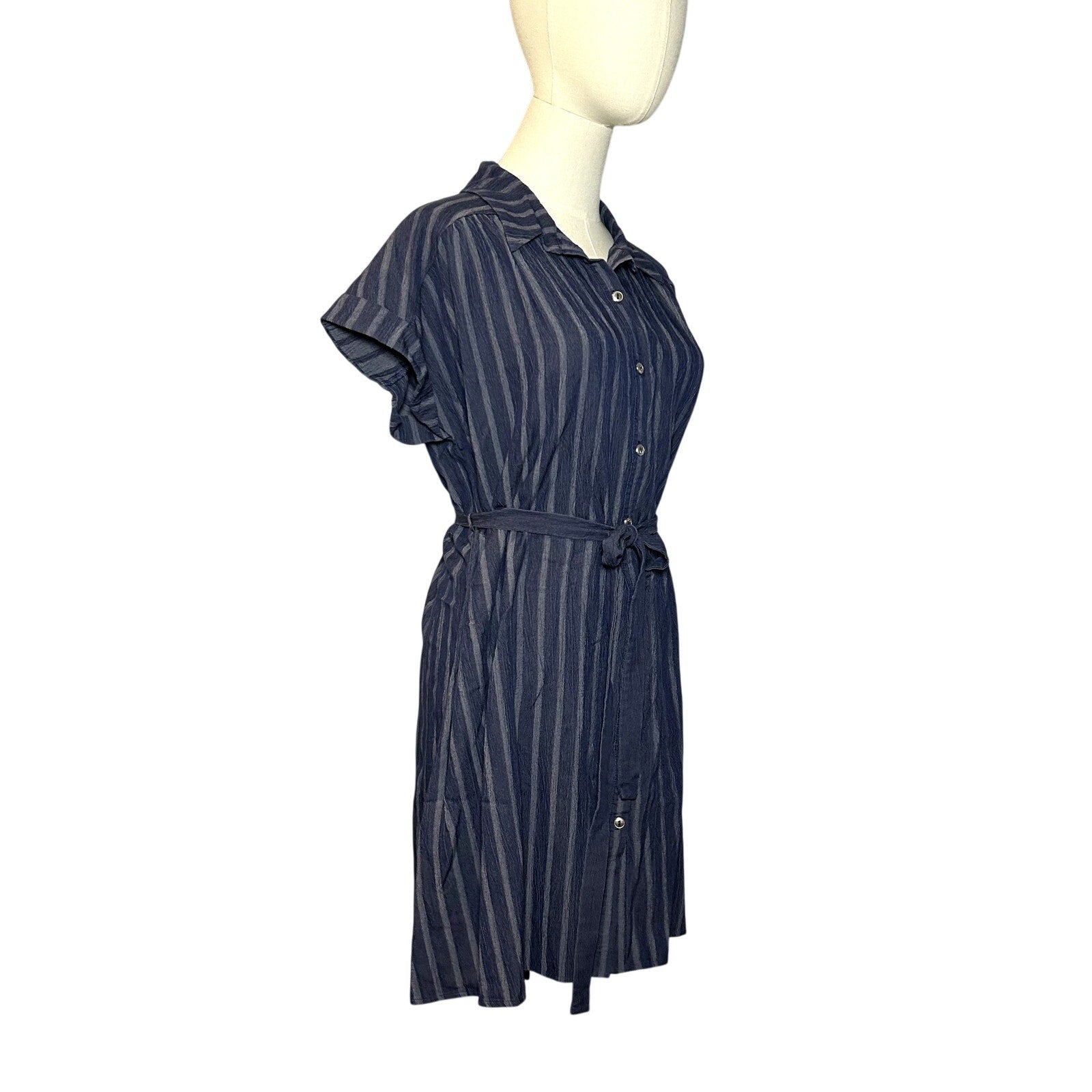Naif Navy Blue Striped Cotton Blend Shirt Dress Tie Waist Women's Medium Casual