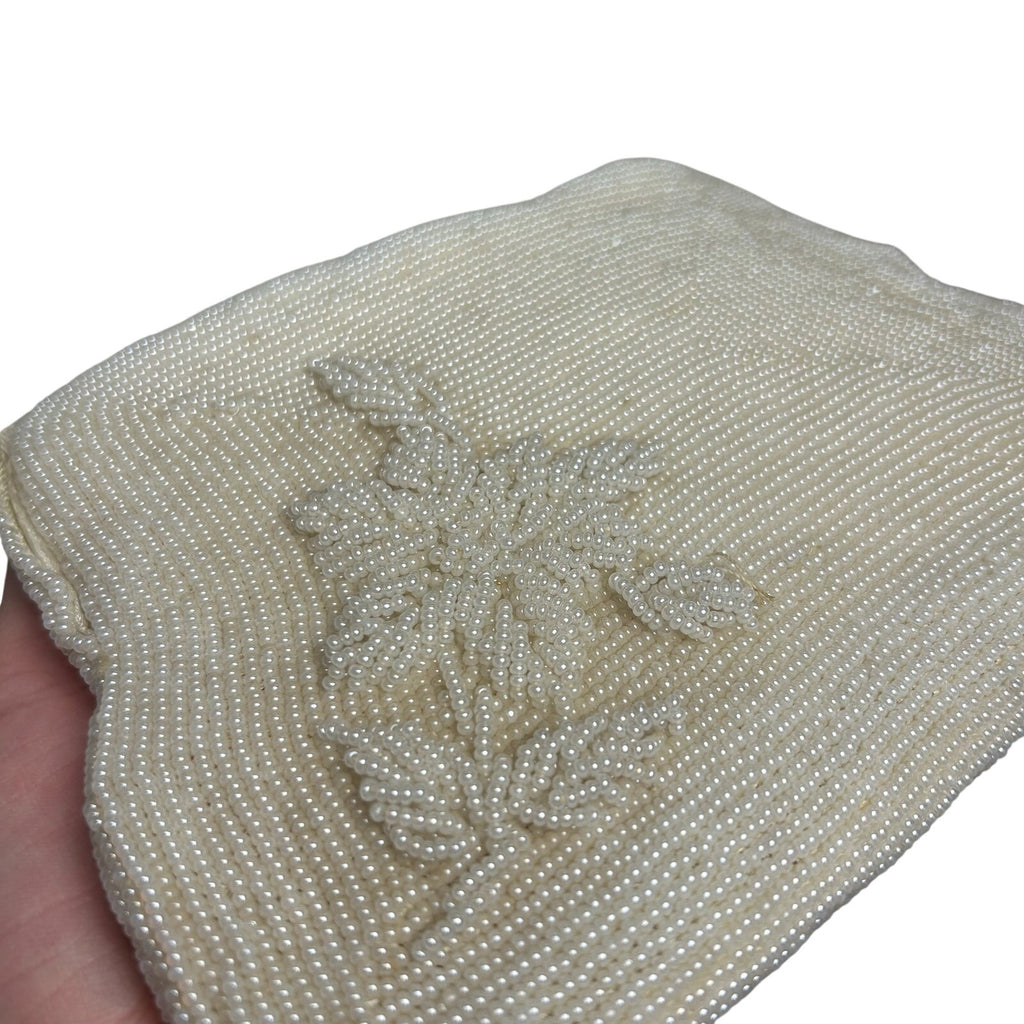 VTG 50s White Beaded Evening Clutch Handbag Retro Glam Unfinished Floral Twee