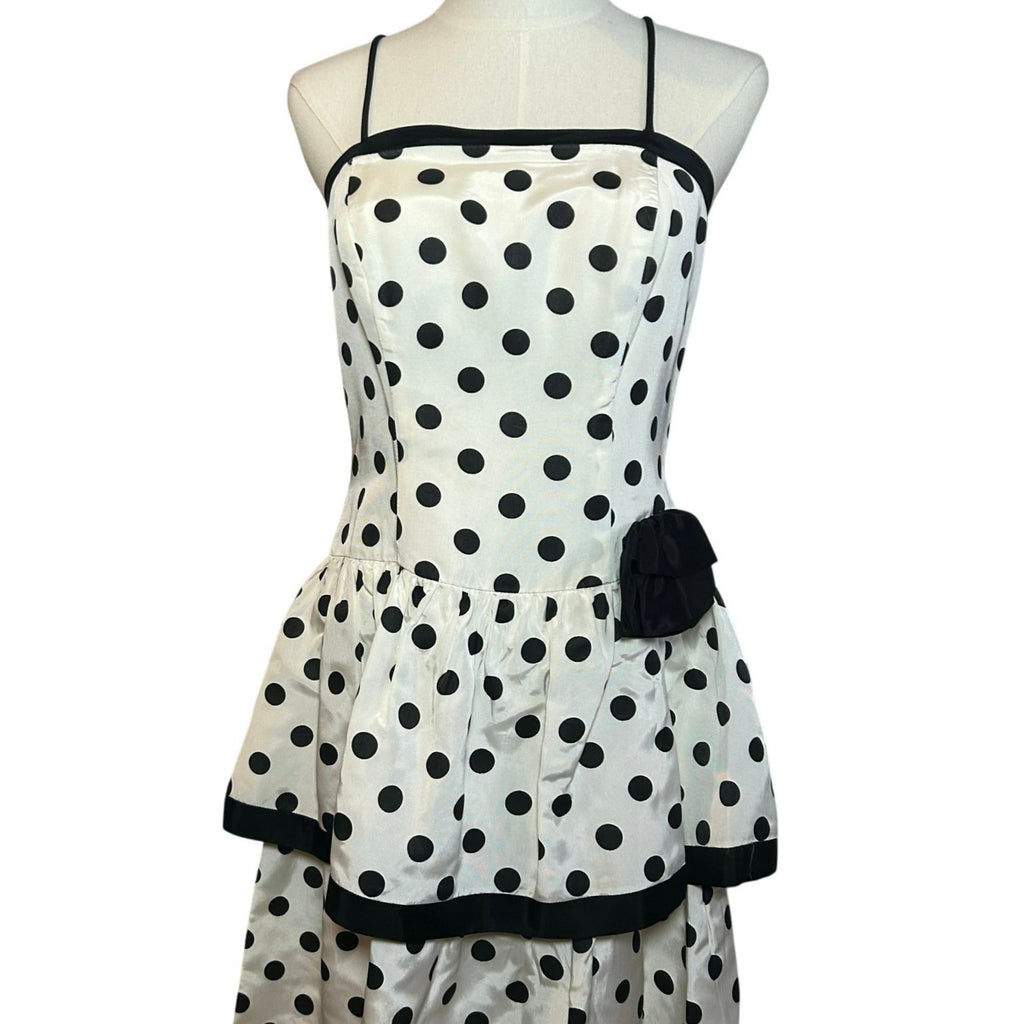 VTG 80s Stop Staring! Polka Dot B&W Medium Tiered Drop Waist Dress Rockabilly