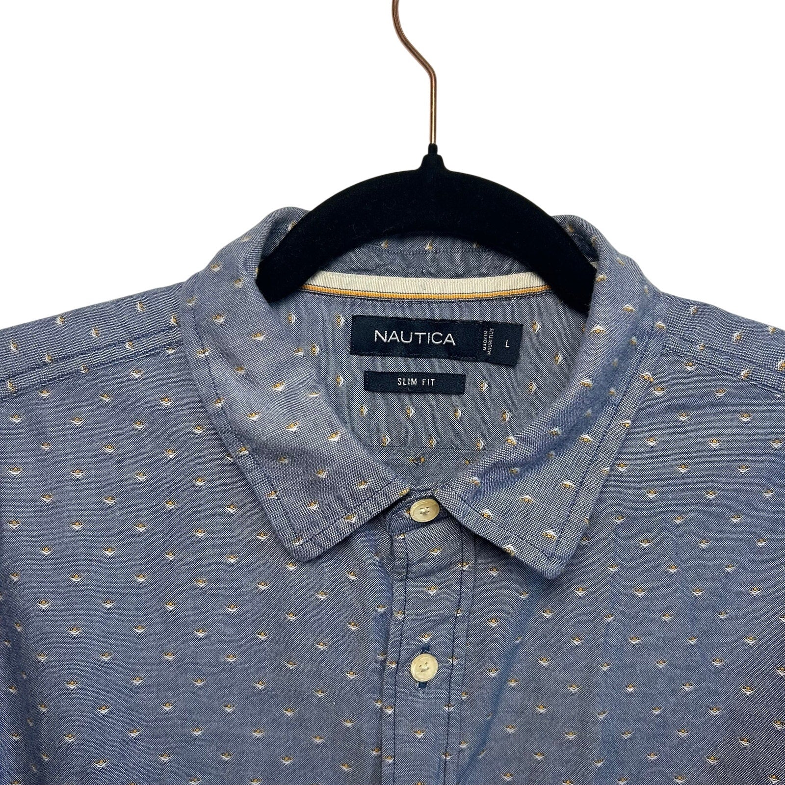 Nautica Mens L Large Slim Fit Blue Dobby Weave Long Sleeve Shirt Preppy Casual