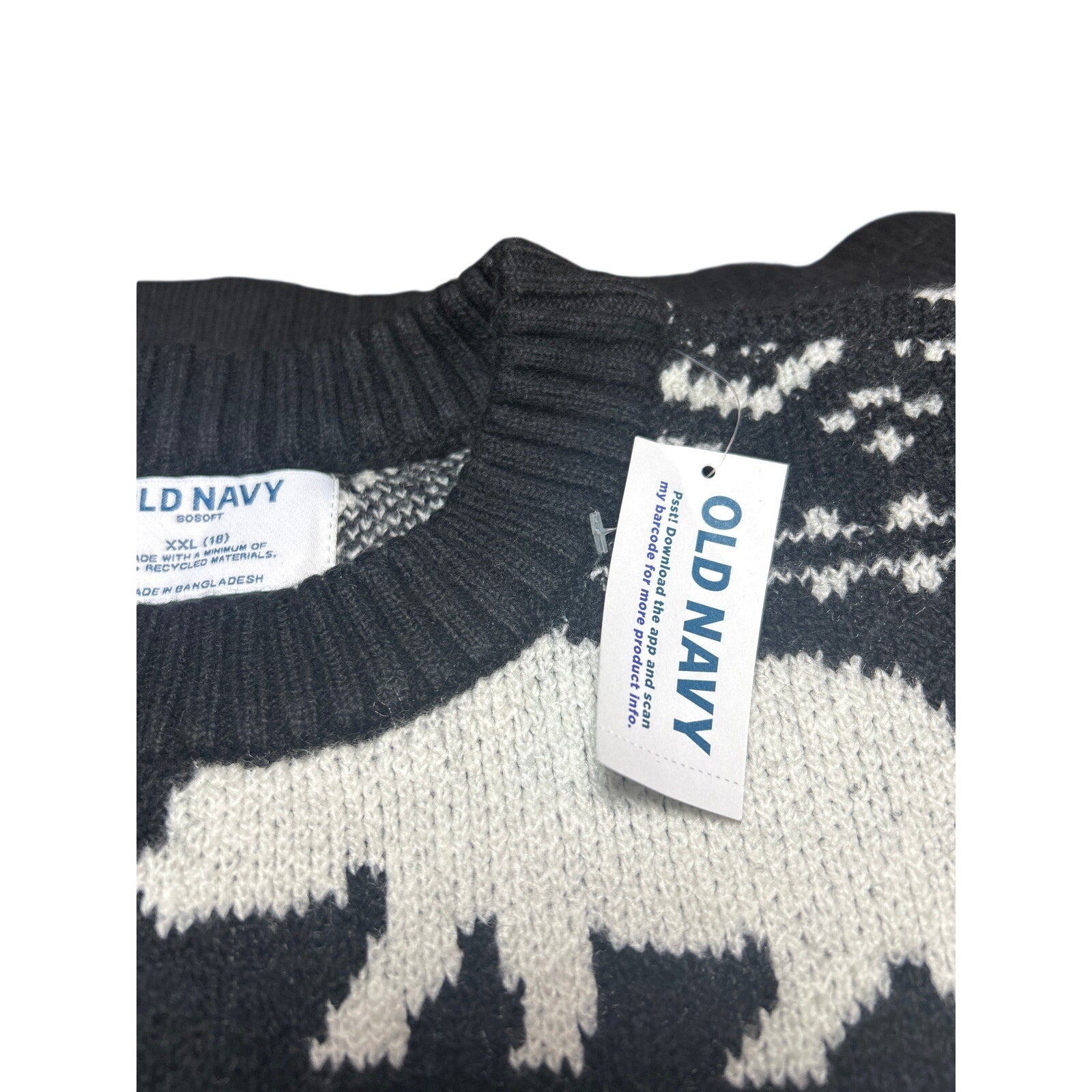 NWT Old Navy Boys Oversized Fair Isle Knit Sweater Bear Pattern Black White XXL