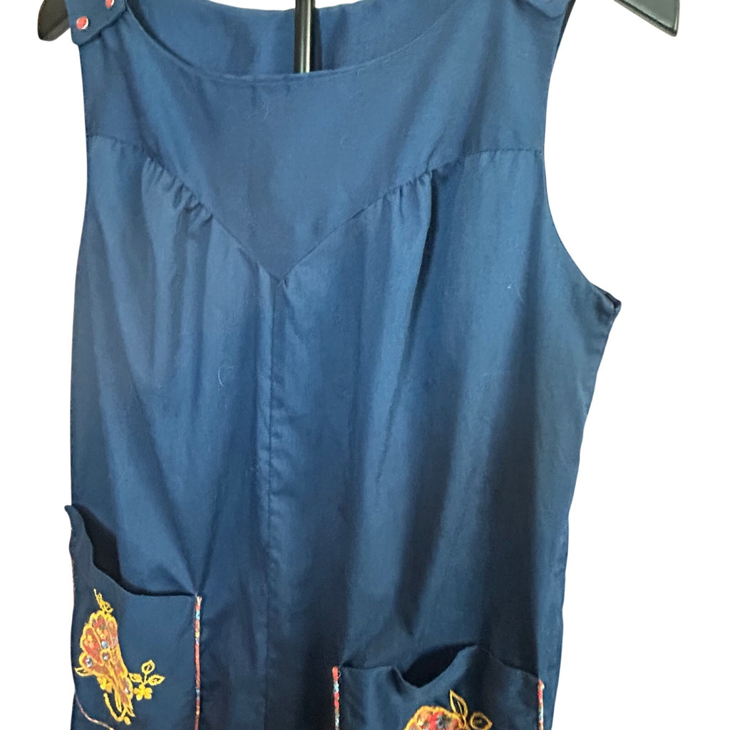 VTG 70s ILGWU Embroidered Floral Pocket Pinafore Dress Navy Blue Small Retro