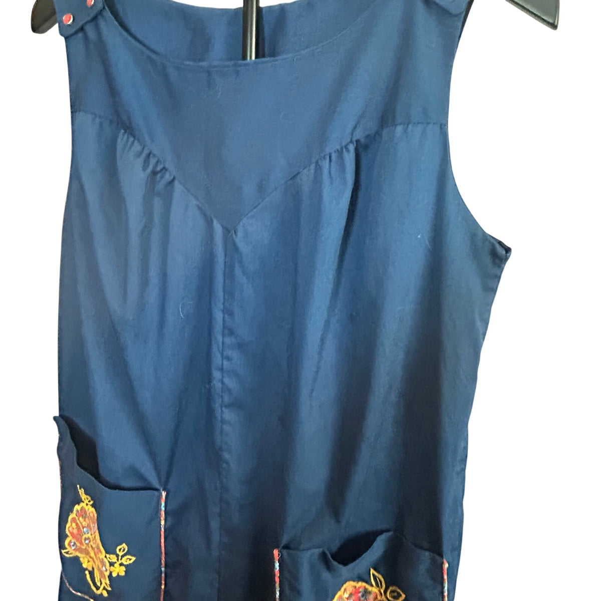 VTG 70s ILGWU Embroidered Floral Pocket Pinafore Dress Navy Blue Small Retro