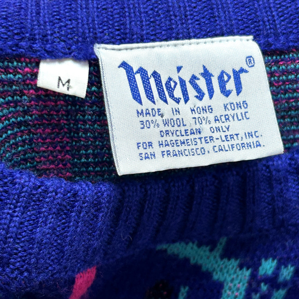 VTG 80s Meister M Purple Teal Maximalist Patterned Wool Knit Retro Cozy Sweater