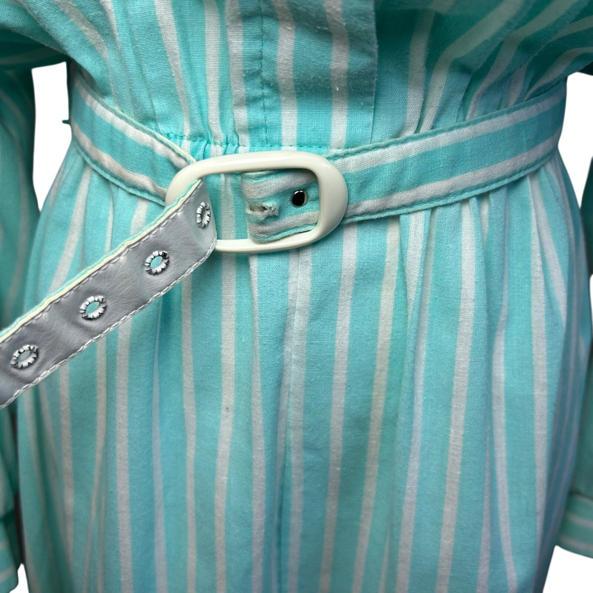 VTG 80s Carriage Court Teal Striped Belted Midi Dress M Retro Preppy Cottage