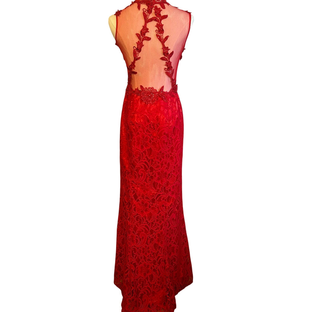 Swing Red Floral Guipure Lace Illusion Gown Size 6 Beaded Prom Gala Dress Wear