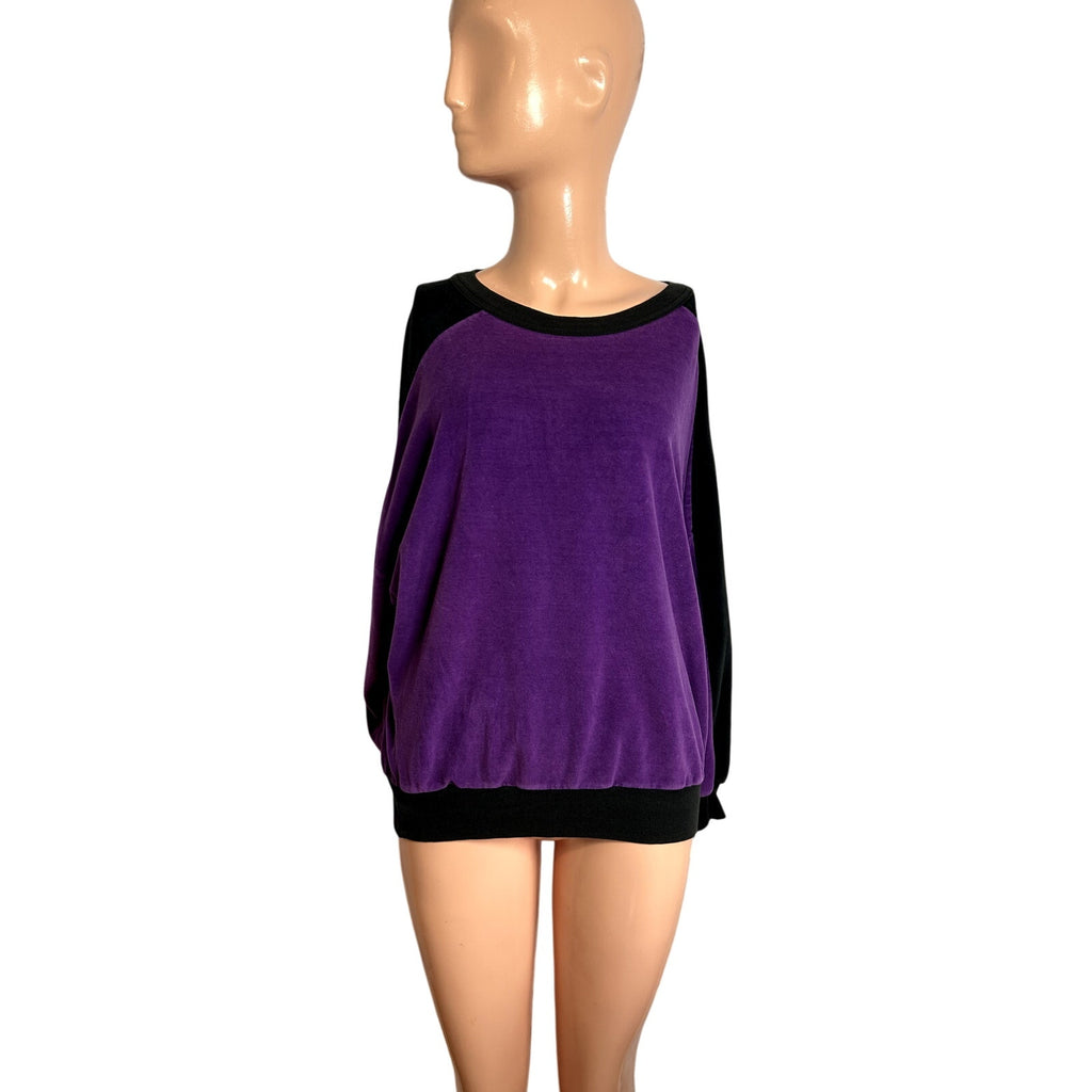 VTG 80s Como Sport M Purple Black Velour Top Colorblock Batwing Casual Retro